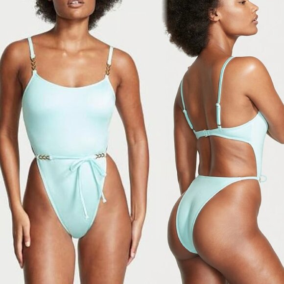 New! Victoria's Secret Sea Foam Chain Strap High-Leg Swimsuit 3703 - Picture 8 of 8